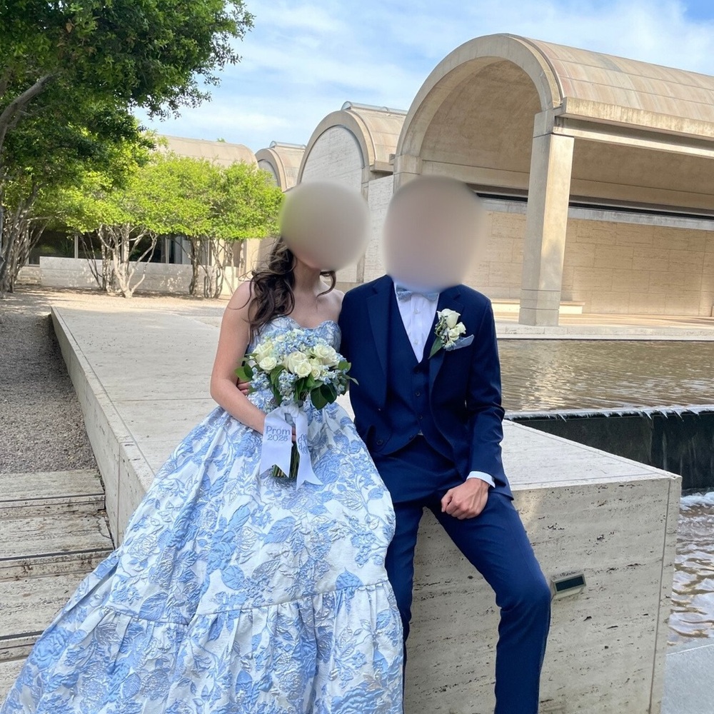 Sherri Hill Blue Floral Brocade Prom Dress Gown